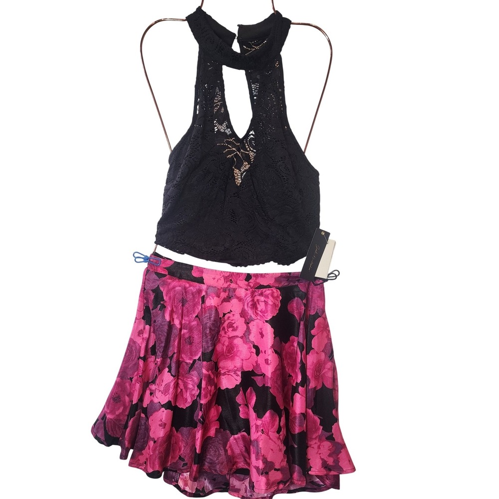 Jodi Kristopher 2 Piece Lace Crop Top and Floral Skirt Set Black Fuchsia Size 7